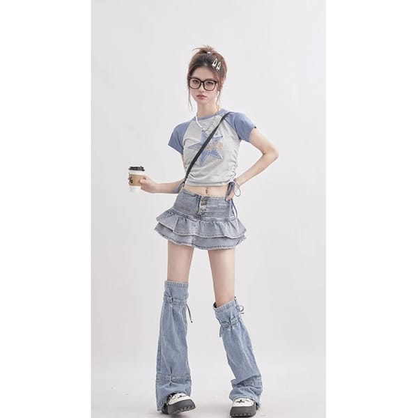100% Cotton Raglan Short Top Short Sleeve Women's Summer Trend Retro Fashion Street Star Drawstring Design Sense T-shirt Y2K