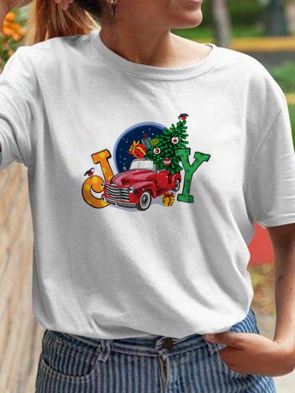 Women's Christmas Short Sleeve Letters Casual StyleWomen Top Snowman Print Women Gift New Year Print Short Sleeve Vacation