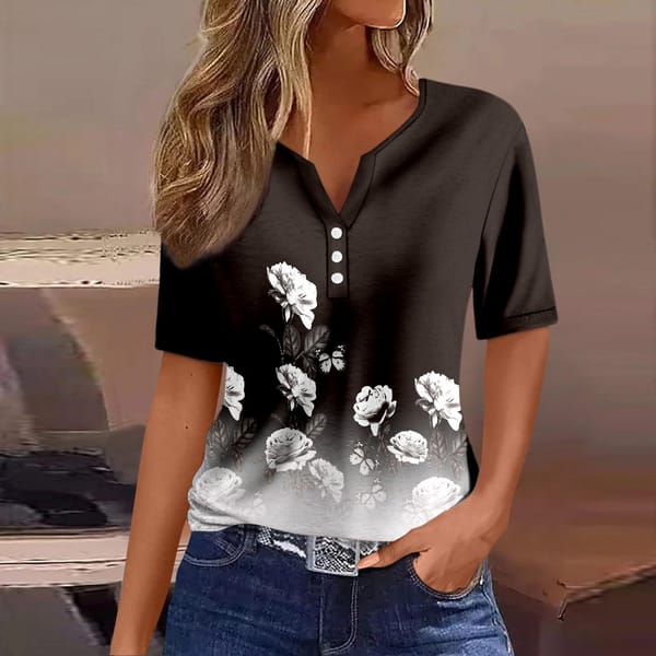 V Neck Button Casual Tees 2024 Summer Women Loose Short Sleeve T-Shirts Vintage Patchwork Slim Clothing Elegance Clothing Tops