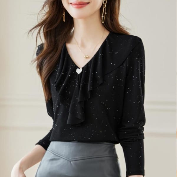 2023 Spring and Autumn Women's Fashion Elegant Red V-Neck Ruffled Heart Diamond Embedding Slim Fit Comfortable Versatile Top