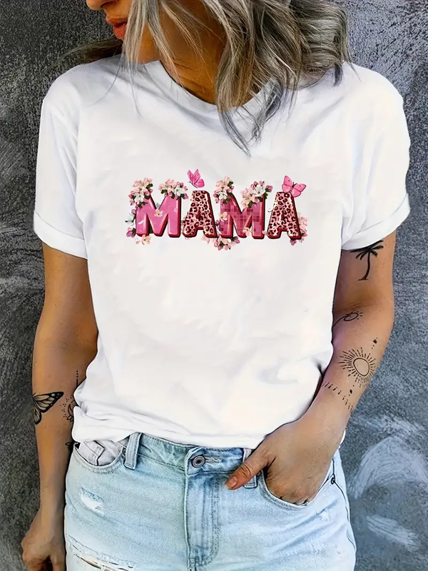 Mama Letter Pink Butterfly Leopard Print T-Shirt Fun Handdrawn Simple Women's T-Shirt Fashion Casual Summer Top 2024New Harajuku