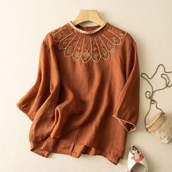 Summer Ethnic Style Women's 2024 New Retro Pullover O-Neck Patchwork Embroidered Loose Comfortable Casual Cotton and Linen Tops