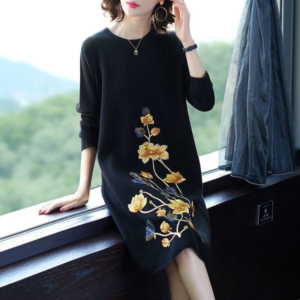 Autumn Women's Thin Round Necked Quarter Sleeved Printed Knit Skirt Winter Thickened Korean Version Loose and Comfortable Dress