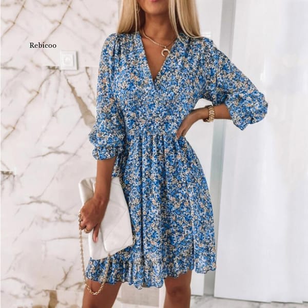 2022 European And American Women's New Mid-length Dress Tight Waist Pullover Bohemian Printed Short-sleeved Floral Dress