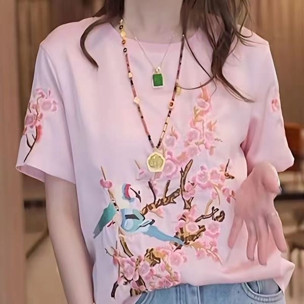New Chinese Style Embroidery Fashion 2024 Women's Summer New Pullover O-Neck Minimalist Loose Casual Short Sleeved T-shirt Tops