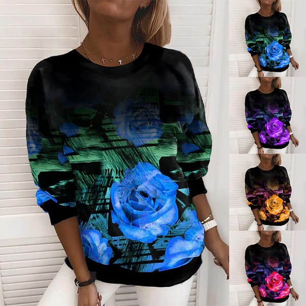 2022 New Round Neck Floral Print Long Sleeve Fashion Casual T-shirt Everyday Tops Autumn Winter Women's Pullover Loose Sweater