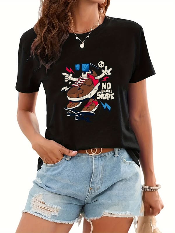 Shoes Print Crew Neck T-shirt, Short Sleeve Casual Top For Summer & Spring, Women's Clothing