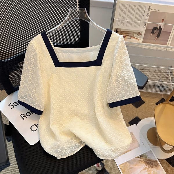 Top women's 2024 summer new crochet hollow contrast square collar loose fashion western-style beautiful shirt T-shirt