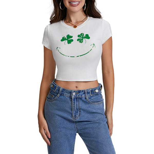Women's Everyday Aesthetic St. Patty's Day T-Shirt Gnome/Shamrock Print Short Sleeve Crew Neck Cropped Top