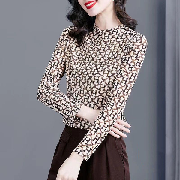 2023 Autumn and Winter New Thickened Versatile Temperament Women's Top Simplicity Printed Slim Fit Long Sleeve Commuter T-shirt