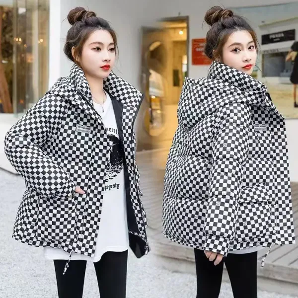 Checkerboard cotton-padded women's clothing 2023 new winter short cotton-padded jacket thickened winter fashion cotton-padded