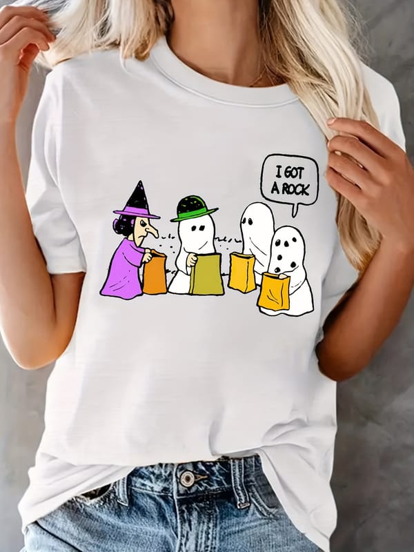Plus Size Halloween T-shirt, Women's Plus Cartoon Figure Print Short Sleeve Round Neck T-shirt