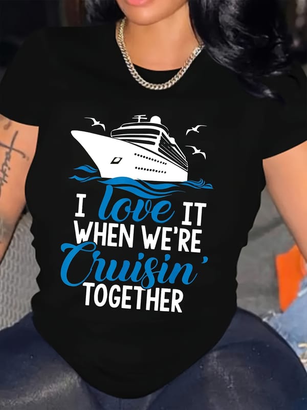Plus Size Ship & Letter Print T-Shirt, Casual Short Sleeve Top For Spring & Summer, Women's Plus Size Clothing