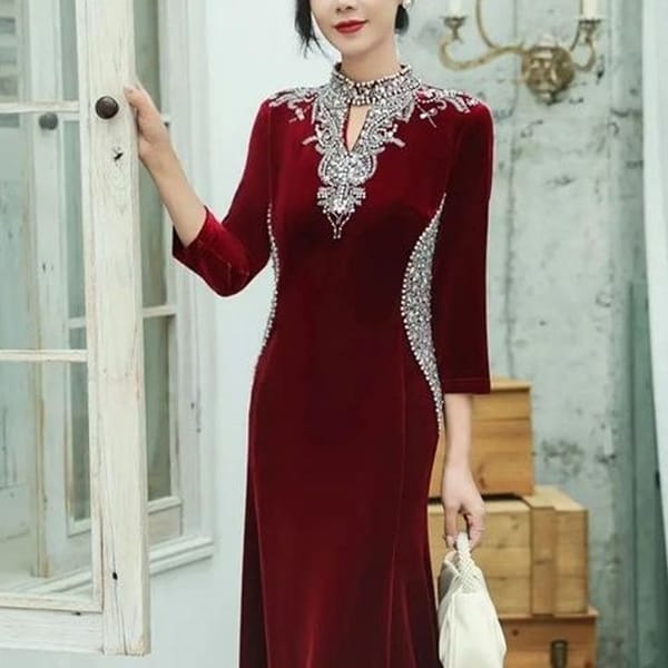 Autumn Elegant Women's Cheongsam Velvet Light Luxury Dress Elegant Sequins 7/4 Sleeves Slim Fit Comfortable Fishtail Dress