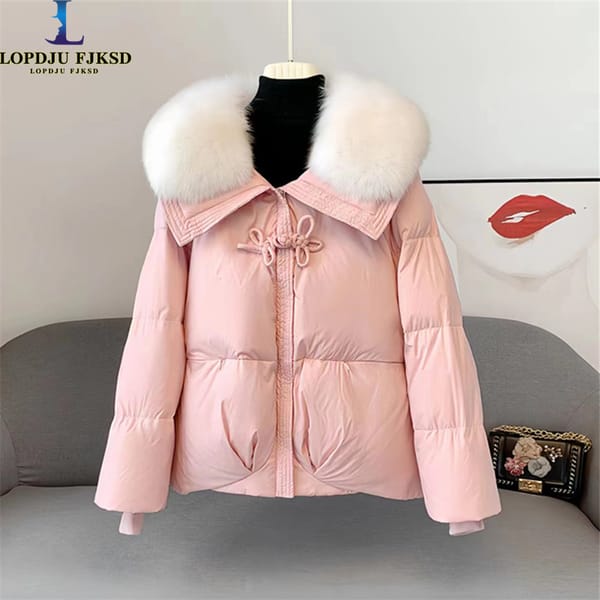 Women's Chinese Style Coat, 80% White Goose Down Jacket,Real Fox Fur Collar Parkas,Zipper Oversize Female Clothing , Winter,New
