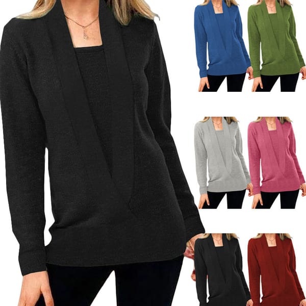 2023 Autumn and Winter Women's Knitted Solid Color Deep V-Neck Long Sleeve Fake Two Piece Sweater Casual Comfort Versatile Top