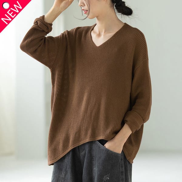 Autumn and Winter New Casual Sweater Women's Clothing Fashion V-neck Long Sleeve Simplicity Solid Color Commuter Pullover