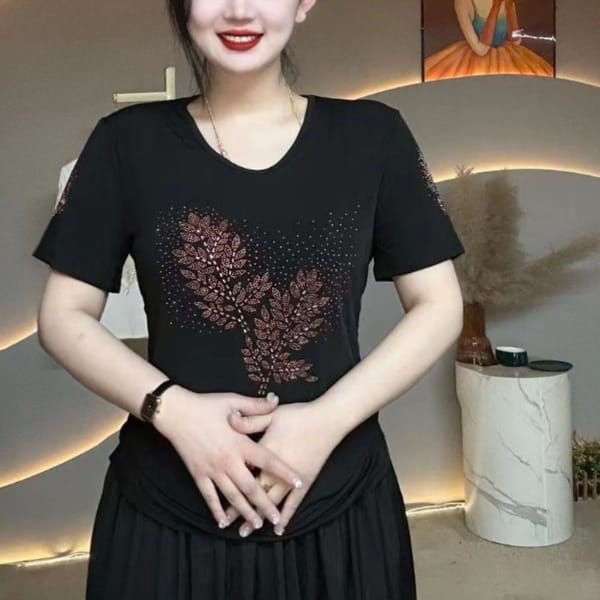 Minimalist Casual Fashion Elegant Women's 2024 Summer New Pullover O-Neck Patchwor Rhinestone Slim Fit Short Sleeve T-Shirts Top