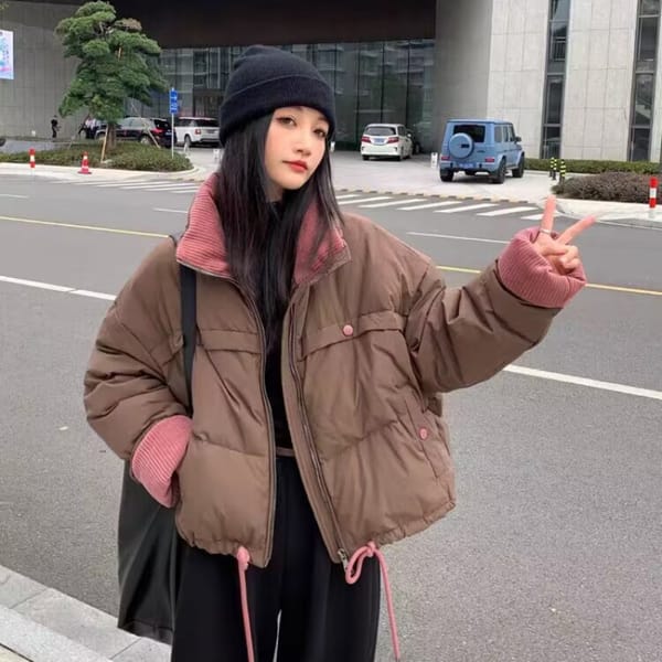 Winter Warm Women's Bakery Clothing Knitted Sleeve Collar Design Loose Colour Collision Lapel Warm Jacket 2024 New Casual Parkas