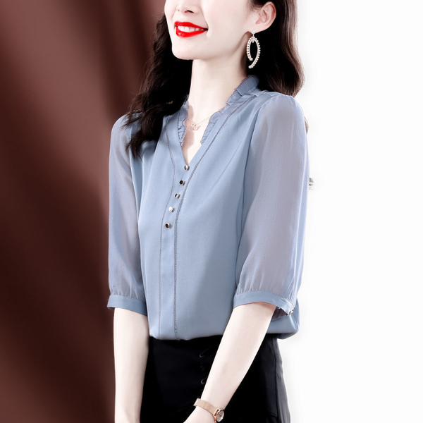 2023 New Summer Short Sleeve Fashion Printed Simplicity Commute Lapel Spliced Buttons Solid Color Women's Clothing Tops Blouse