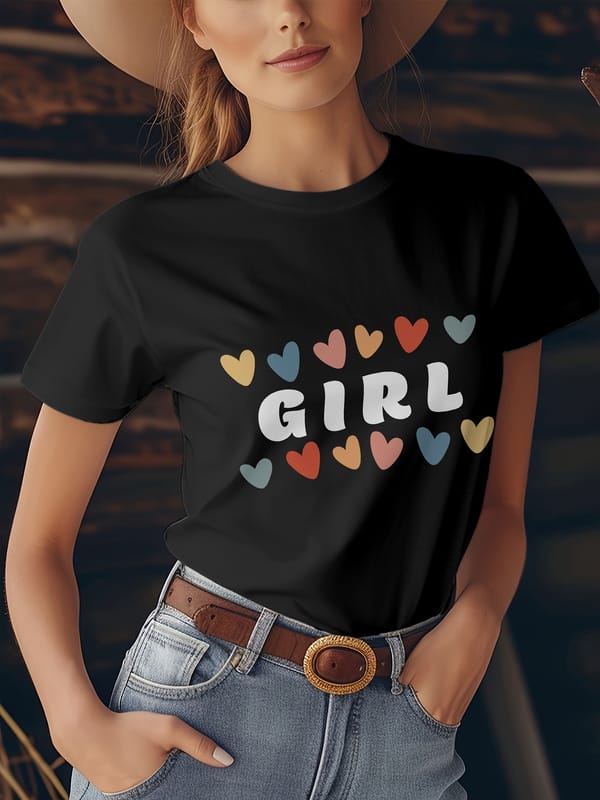 Girl & Heart Print T-shirt, Short Sleeve Crew Neck Casual Top For Summer & Spring, Women's Clothing
