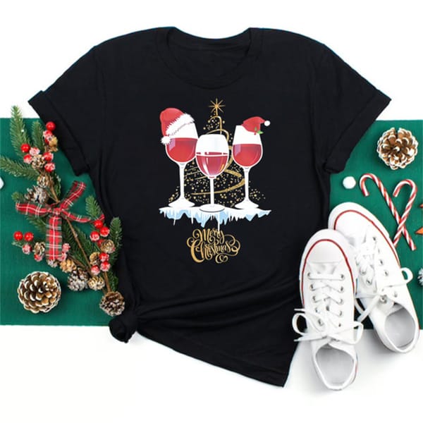 New Wine Glasses Christmas T Shirt Women's Fashion Funny Merry Christmas T Shirt Black Tshirt Tops Clothes