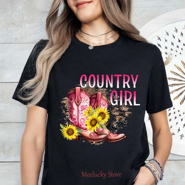 Country Girl Cartoon Illustration Summer Women's T-shirt, Comfortable Cotton Women's Top, Convenient and Refreshing