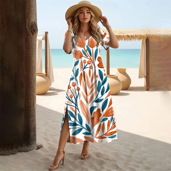 Summer Elegant Short Sleeves Women's Dresses Woman Crushed Flower Dress V-Neck Slit Clothing Oversize Loose Holiday Streetwear