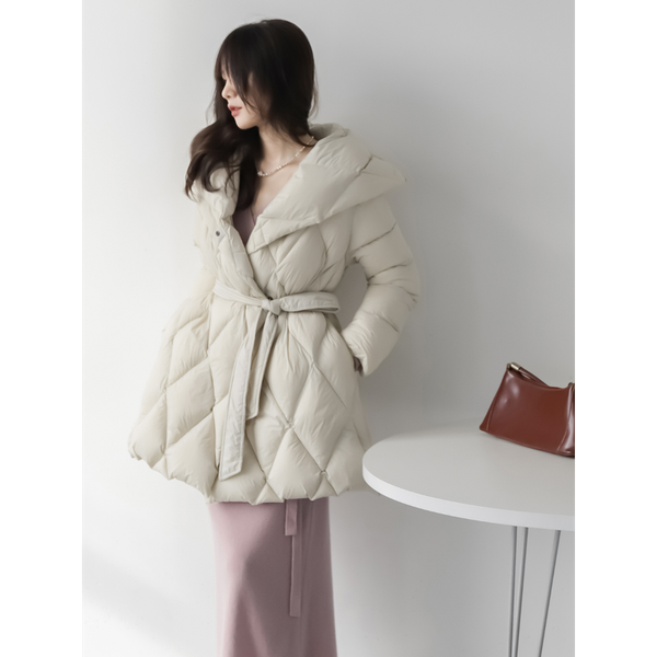 Winter Women's Clothing Single-Breasted Diamond Plaid Down Jacket Midi Length Hooded Lace-up Waist-warming Women's Jackets