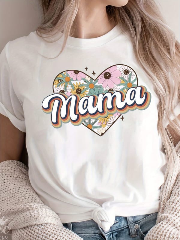 Mama & Floral Print T-shirt, Short Sleeve Crew Neck Casual Top For Summer & Spring, Women's Clothing