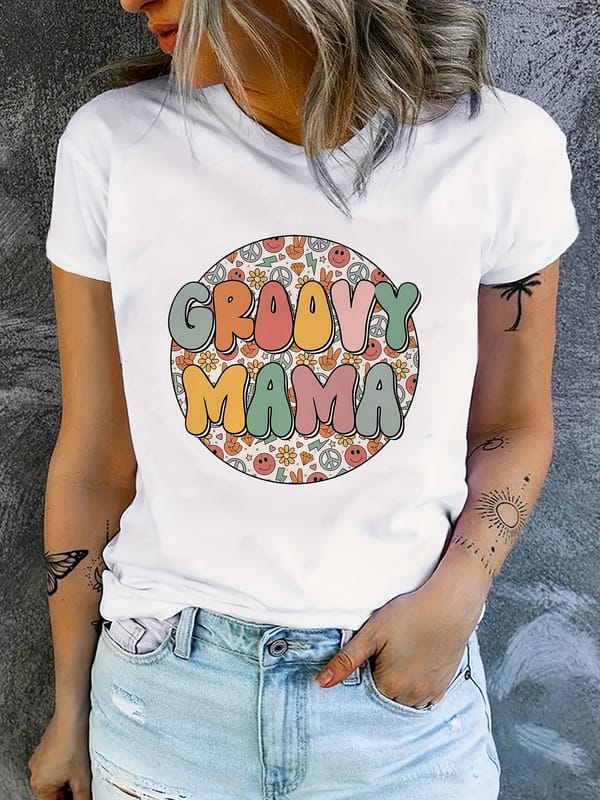 Groovy Mama Print T-Shirt, Short Sleeve Crew Neck Casual Top For Spring & Summer, Women's Clothing