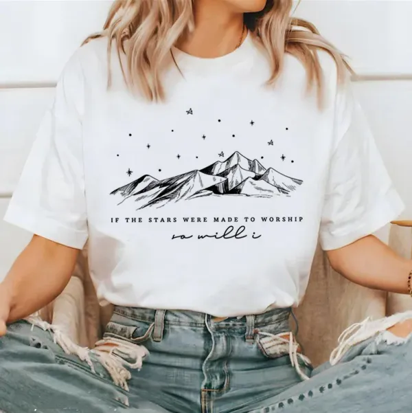 If The Stars Were Made To Worship So Will I Printed Fashion Pattern Retro Women's Summer Short Sleeved O-Neck Printed T-Shirt