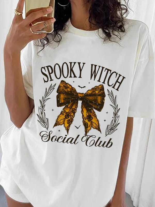 Retro Spooky Witch Social Club Ribbon Bow Fashion Style Trendy Top T-Shirt 90s Short Sleeved Women's Printed O-Neck T-Shirt