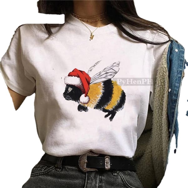 Personalized Black Cat Bee Print Women's Short-sleeved Casual Shirt White Tops Oversized T Shirt  Aesthetic Clothes Harajuku Tee