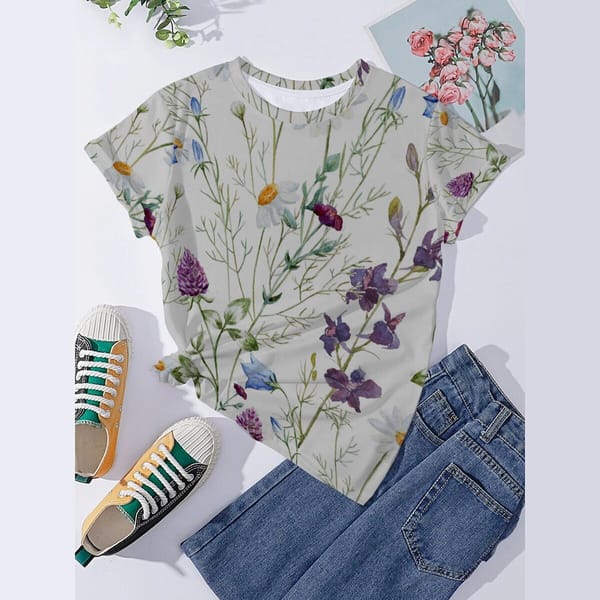 Seeyoushy Simple Fashion Women's Short-sleeved Top 90's Retro Trend Crewneck Women's T-shirt 3D Printed Floral Casual Streetwear