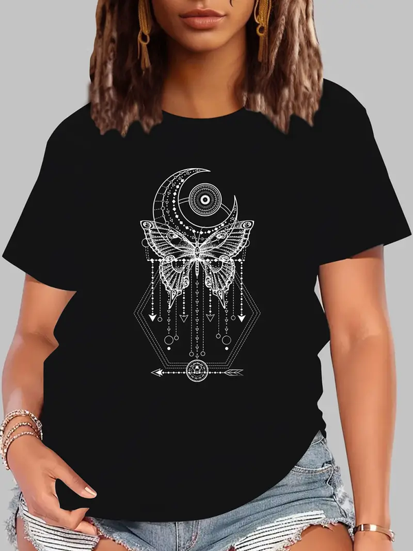 Moon Butterfly Women t shirt Summer Fashion Short sleeved T-shirt Tee Tops Printed O-neck Casual T-shirt Women's Clothing