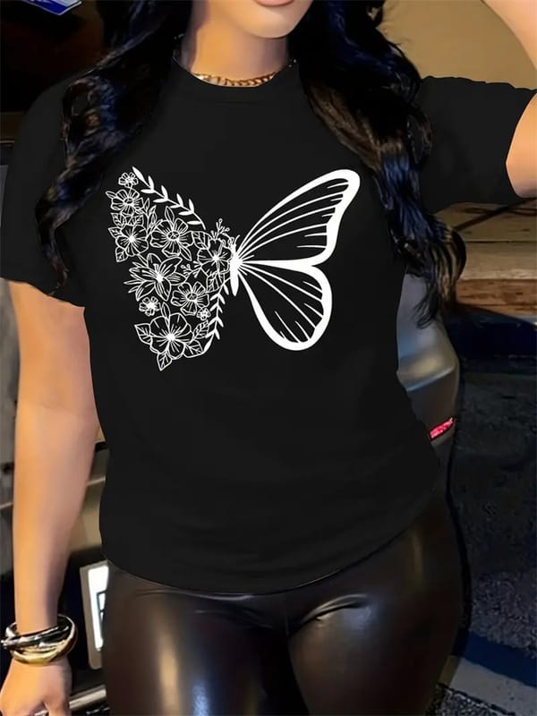 Hot Butterfly Printed Women's T Shirt Women's Round Neck Sexy Tops Fashion Temperament Pullover Summer Women's Short Sleeve