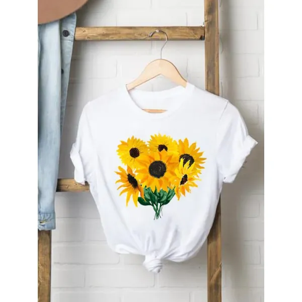 Women's Sunflower Flower Print Pattern Round Neck Short Sleeve T-shirt Large Size Shirt Elegant Girl Top Aesthetic Euro-american