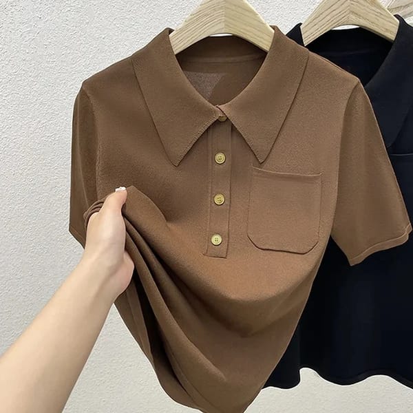 2024 Summer Ladies Thin Loose Slim POLO Neck Ice Silk Women's Short Sleeve T-Shirt Button Pocket Temperament Women's Knitted Top