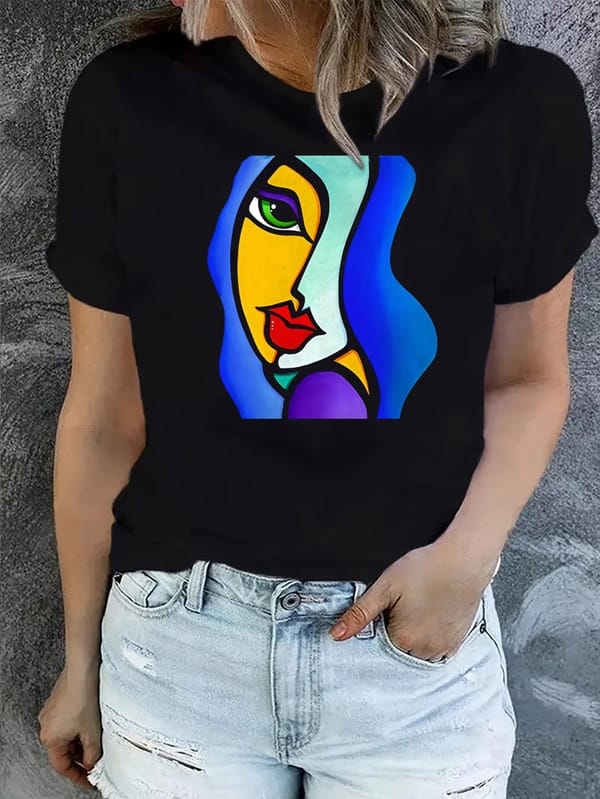 Abstract Figure Print Crew Neck T-shirt, Short Sleeve Casual Top For Spring & Summer, Women's Clothing
