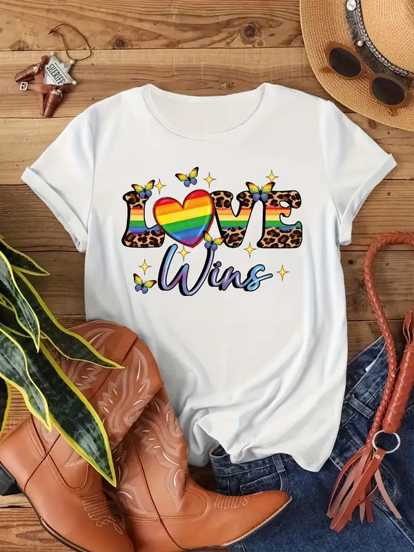 Love Leopard Rainbow Printed Short Sleeved Casual Women's Fashion Women's Pattern T-shirt Women's Printed Summer T-shirt