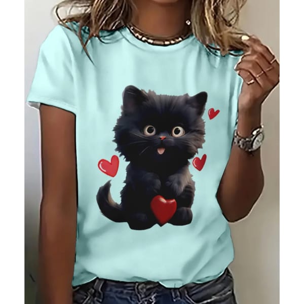 Cartoon Cat Printed Round Neck T Shirt Summer Spring Season Short Sleeve Casual Tops Harajuku Women's Breathable Short Sleeve