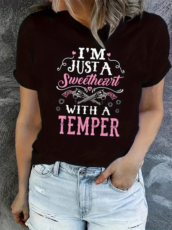 Sweetheart Letter Print T-shirt - Women's Casual Short Sleeve Crew Neck Top