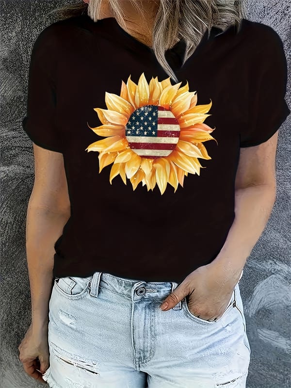 Sunflower Print Crew Neck T-Shirt, Casual Short Sleeve Top For Spring & Summer, Women's Clothing