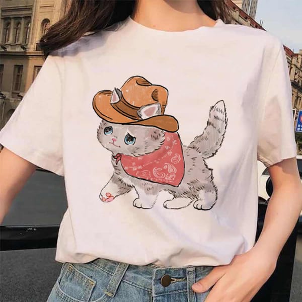 Women's Sweet Cartoon Printed T-Shirt Cute Cat Printed Pattern Fashion Casual Versatile Short Sleeve Top Style Basic T-Shirt.