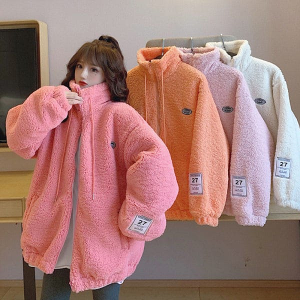 2023 Fashion Women's Lambswool Outerwear Fall Winter Stand Collar Thick Thermal Cardigans Casual All-Matched Sweatshirts