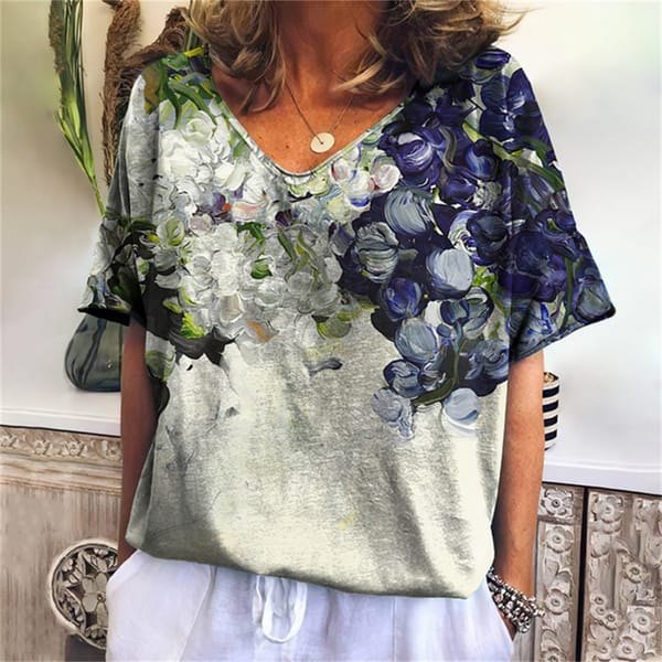 Flower 3d T-Shirt Harajuku Casual Short Sleeve Women's T-Shirts Fashion Characters Top Tee V-Neck Oversized Female Clothing