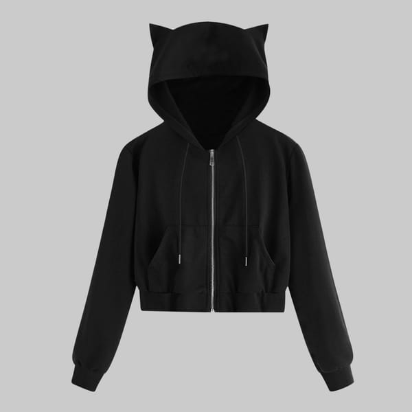Women's Cute Cat Ear Shirt Zipper Solid Color Tops  Drawstring Casual Long Sleeve Hooded Sweatshirt Pocket Kawaii Blouse