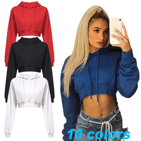 Fashion Women's Sexy Casual Long Sleeve Hooded Short Sweatshirt Flat Corner Top Pullover Hooded Sweatshirt Short Hoodie