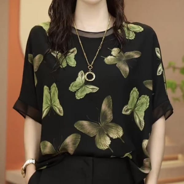 Fashion Summer New 2024 Women's Pullover O-Neck Patchwork Printing Lace Loose Comfortable Casual Short Sleeved Chiffon Tops